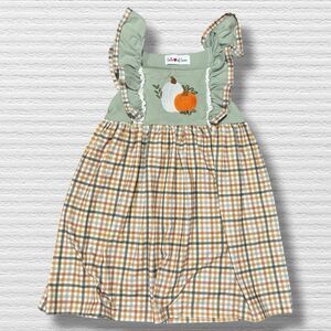 Girls Pumpkin Plaid Fall Dress 4T Green Orange Gingham Ruffle Boutique